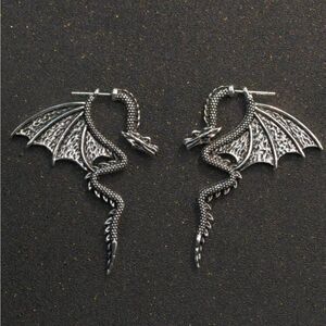 Vintage inspired Dragon Earrings, Antique Silver tone, engraved details
